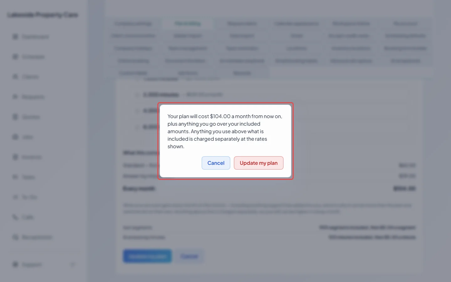 The confirmation shown after clicking Update my plan