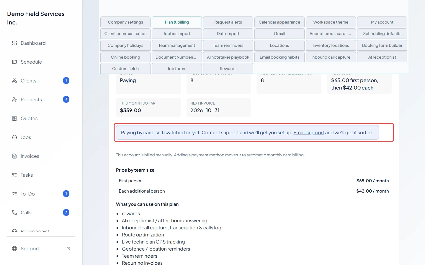 The payment area of the plan card on Plan & billing