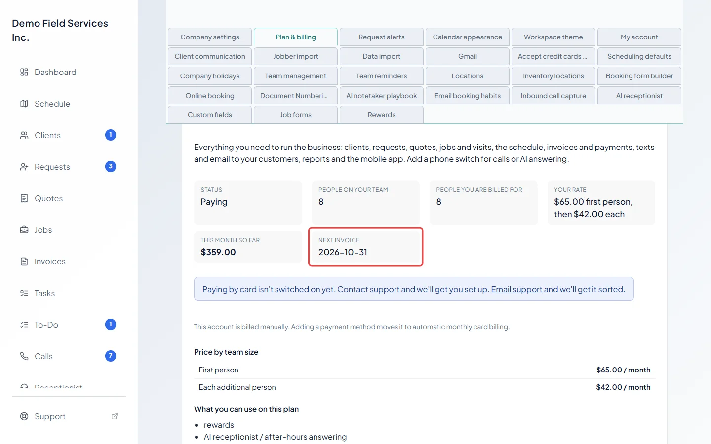 The Next invoice date and this month's total on the plan card