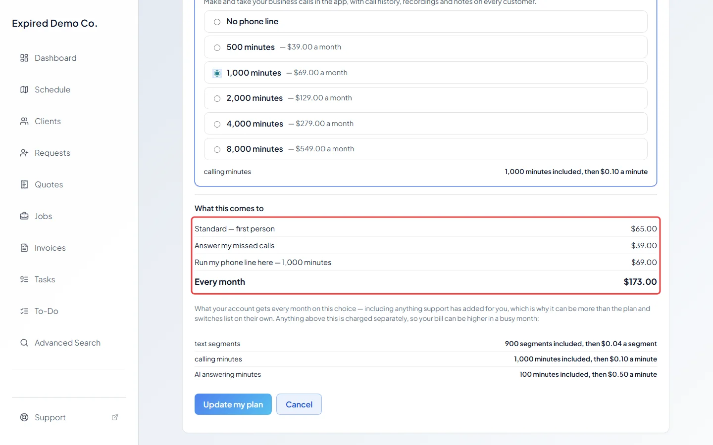 What this comes to with a line for each add-on and the new monthly total
