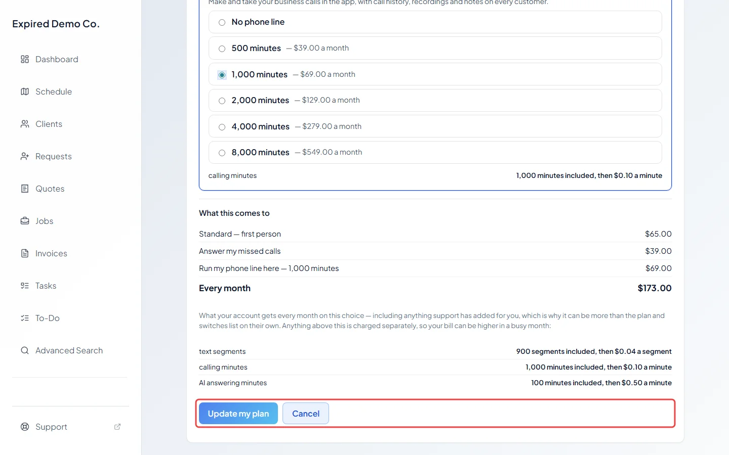 The Update my plan and Cancel buttons under the monthly total