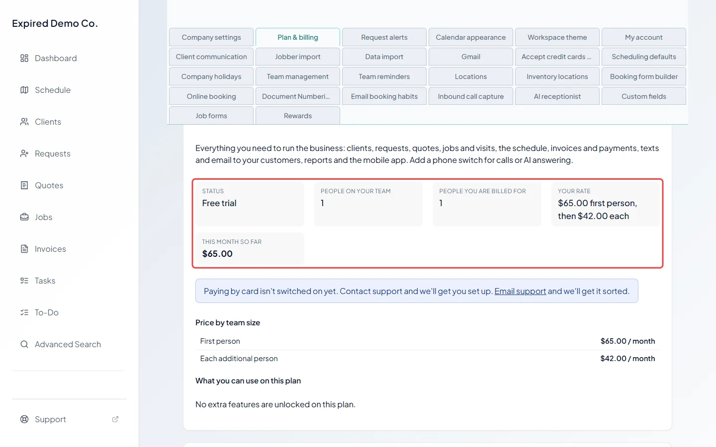 The plan card showing a Free trial status and the running monthly total