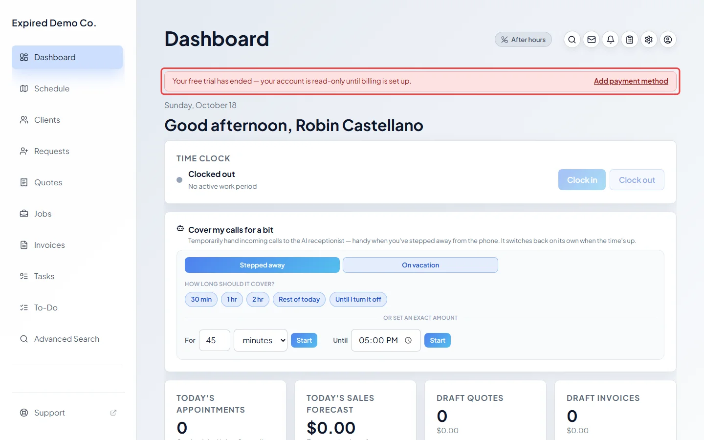The trial-ended banner across the top of the dashboard