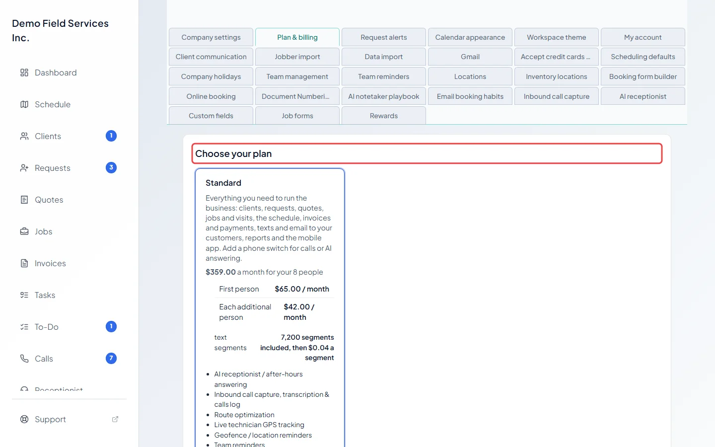 The Choose your plan card; this business can't have Starter, so only Standard is listed