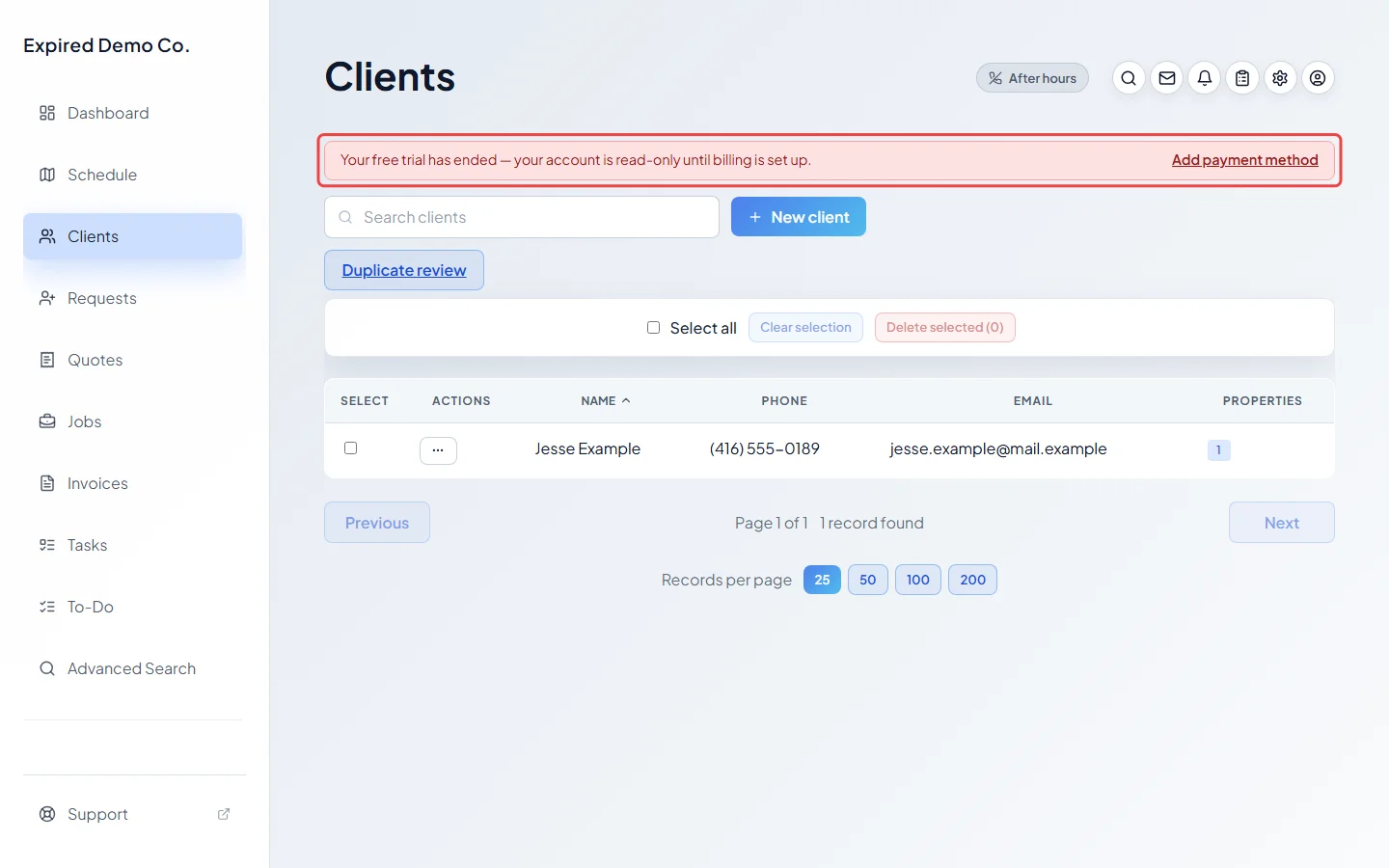 The read-only banner above the clients list, with every client still there