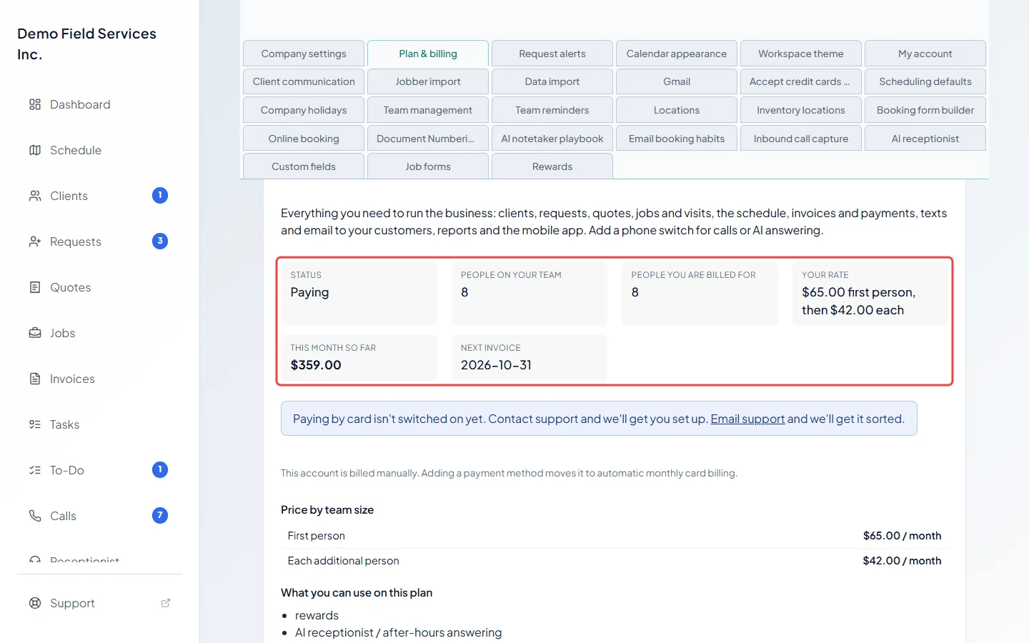 The plan card on Plan & billing showing the status, team size and rate