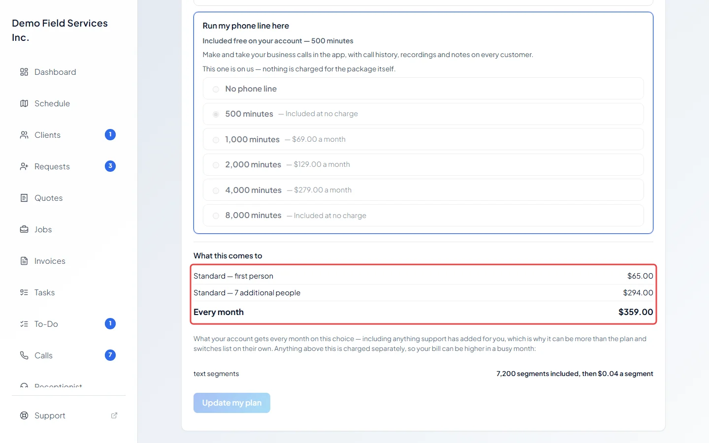 What this comes to, listing each charge and the monthly total