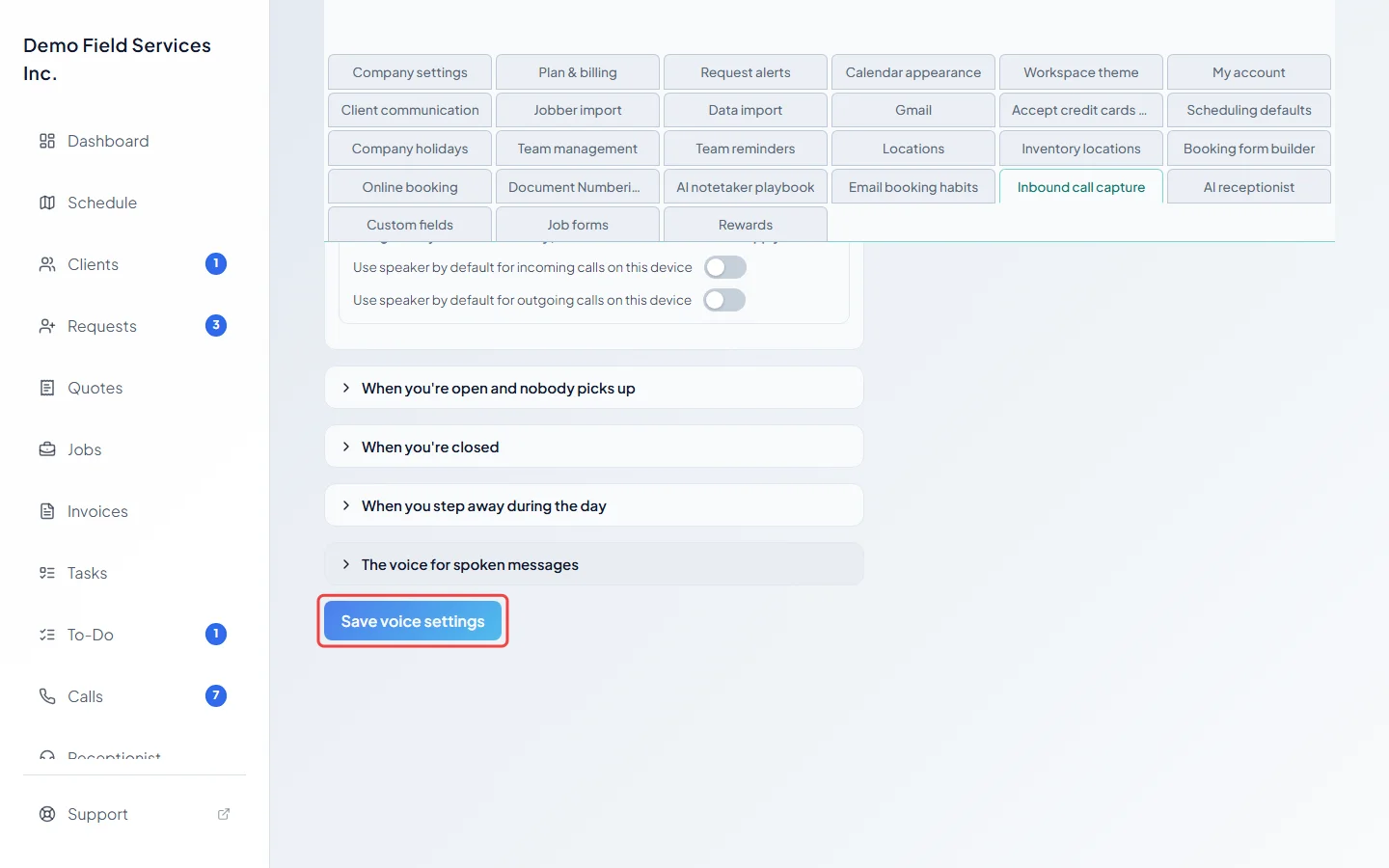 The Save voice settings button at the bottom of Inbound call capture