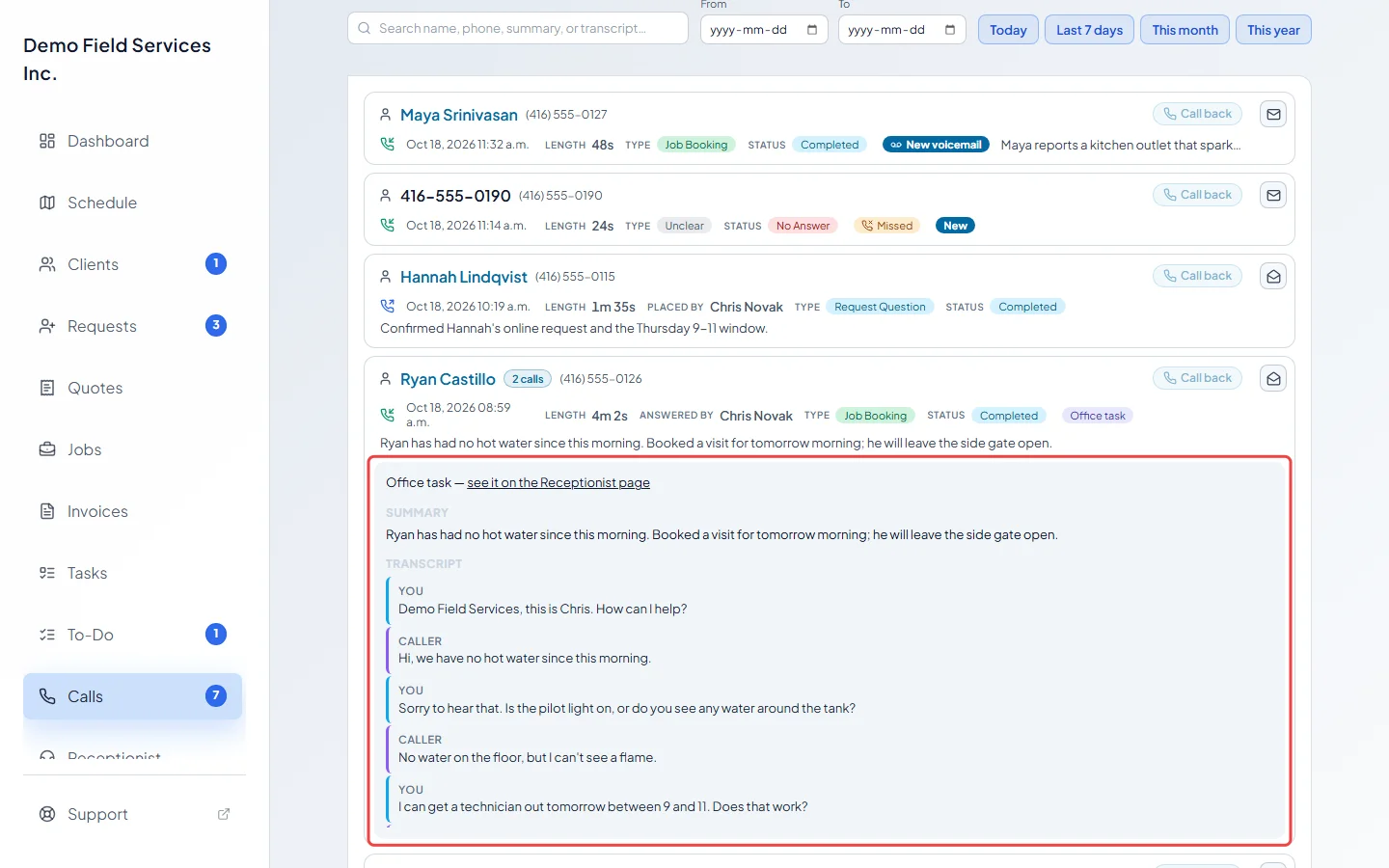 The answered call on the Calls page with its transcript