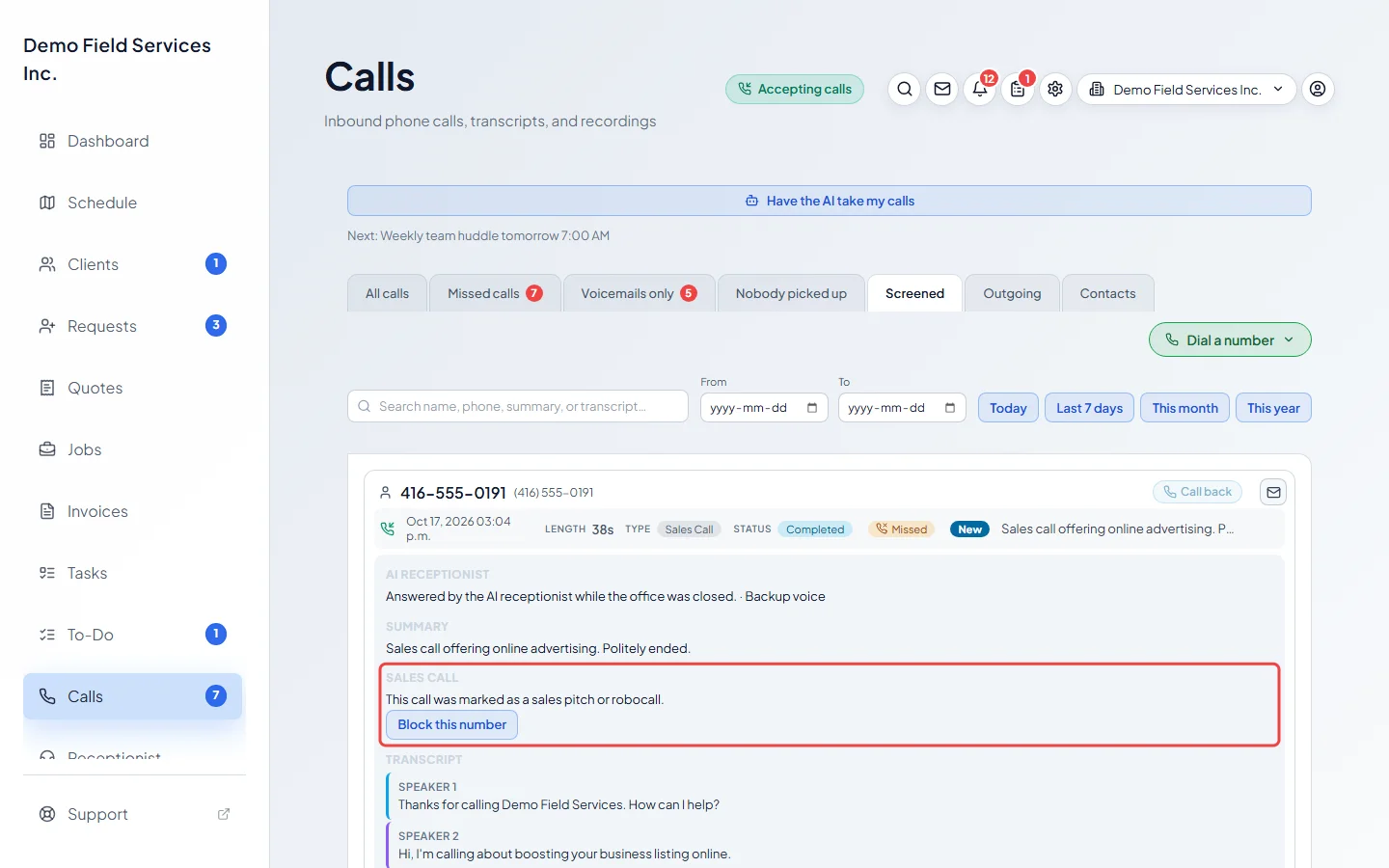 A screened sales call with the Block this number button