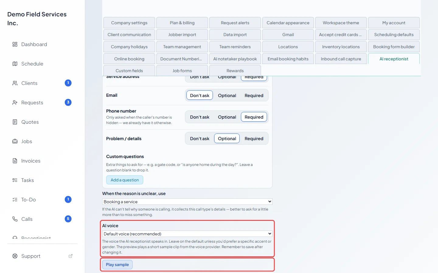 The AI voice list on the AI receptionist settings