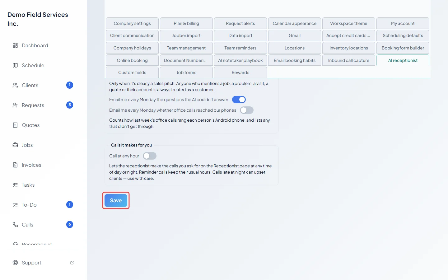 The Save button on the AI receptionist settings