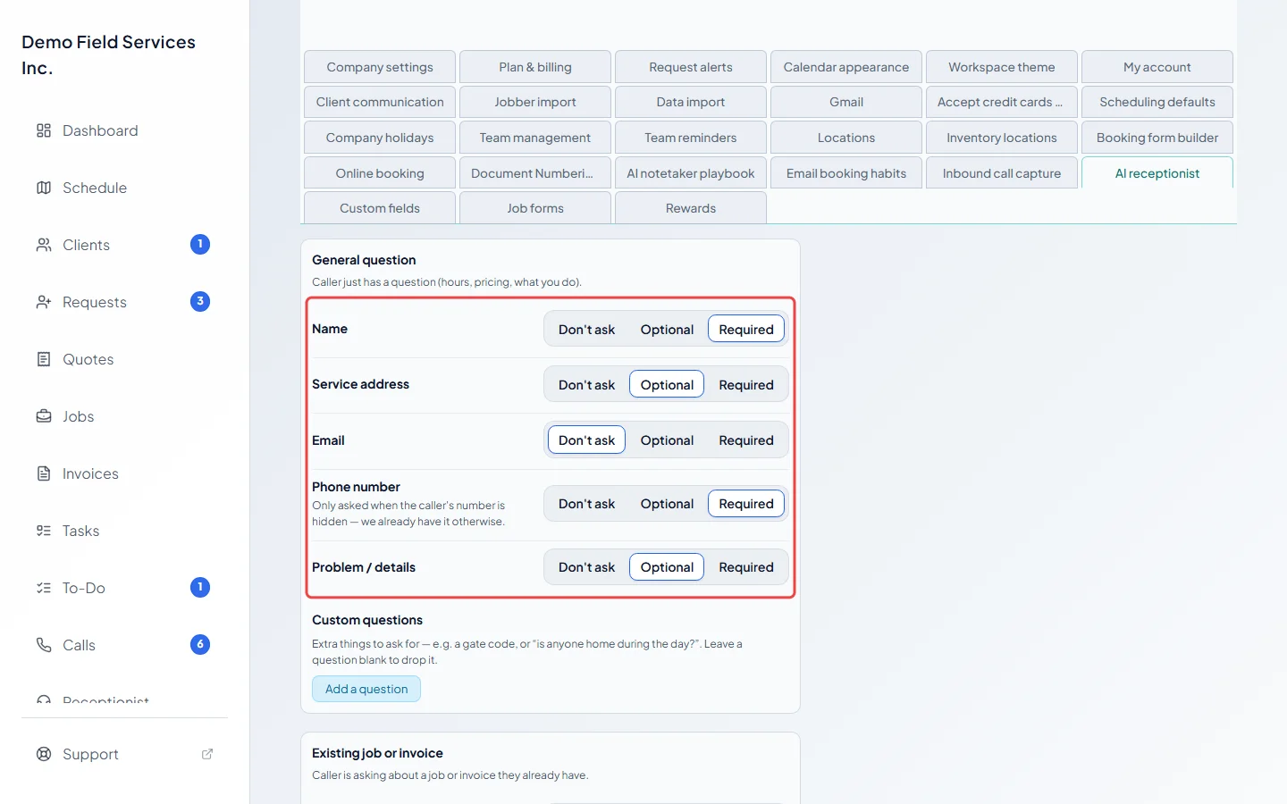 The details for one kind of call, each set to Don't ask, Optional or Required