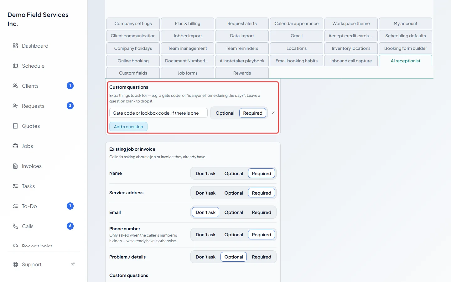 A custom question typed in and set to Required
