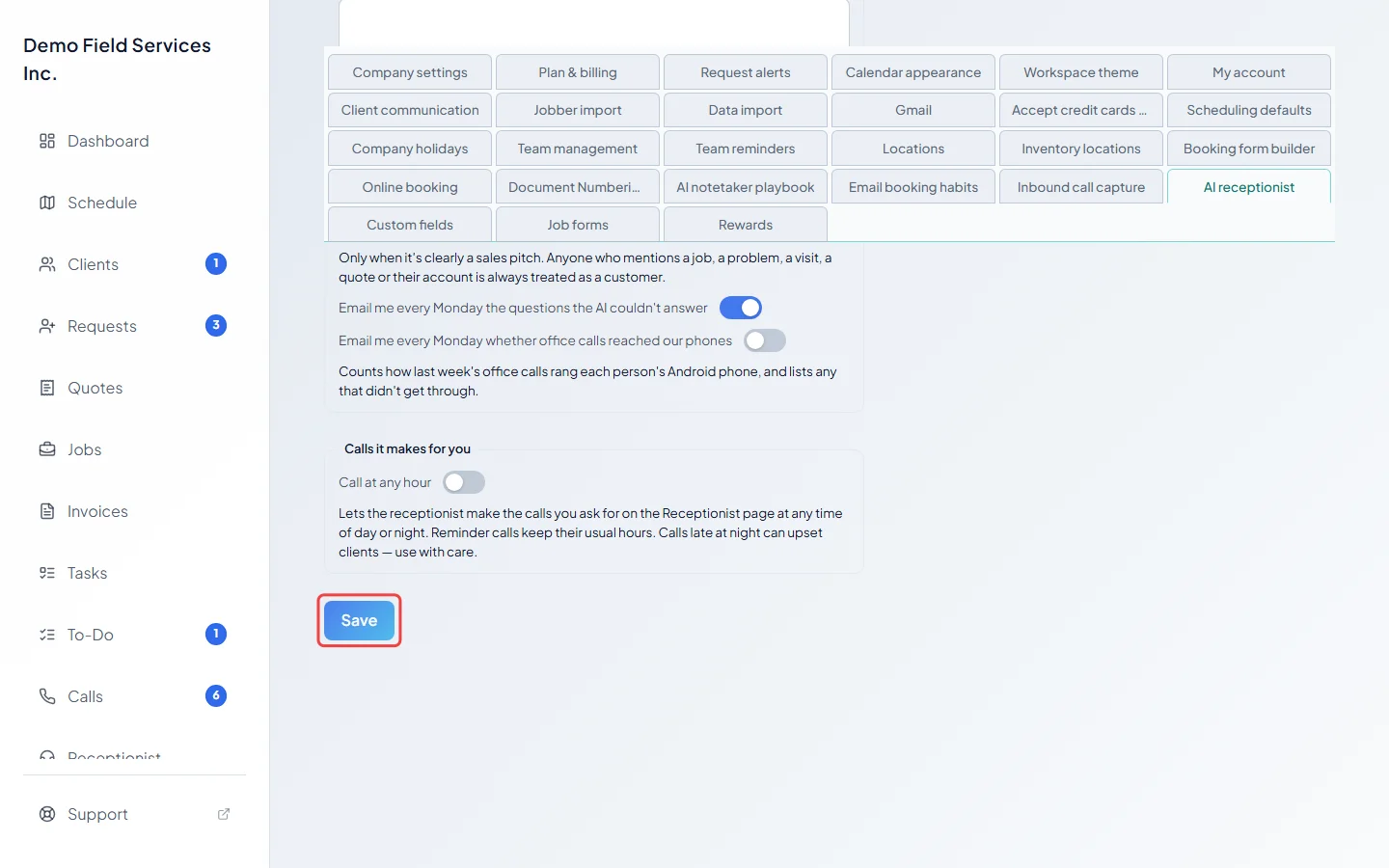 The Save button at the bottom of the AI receptionist settings