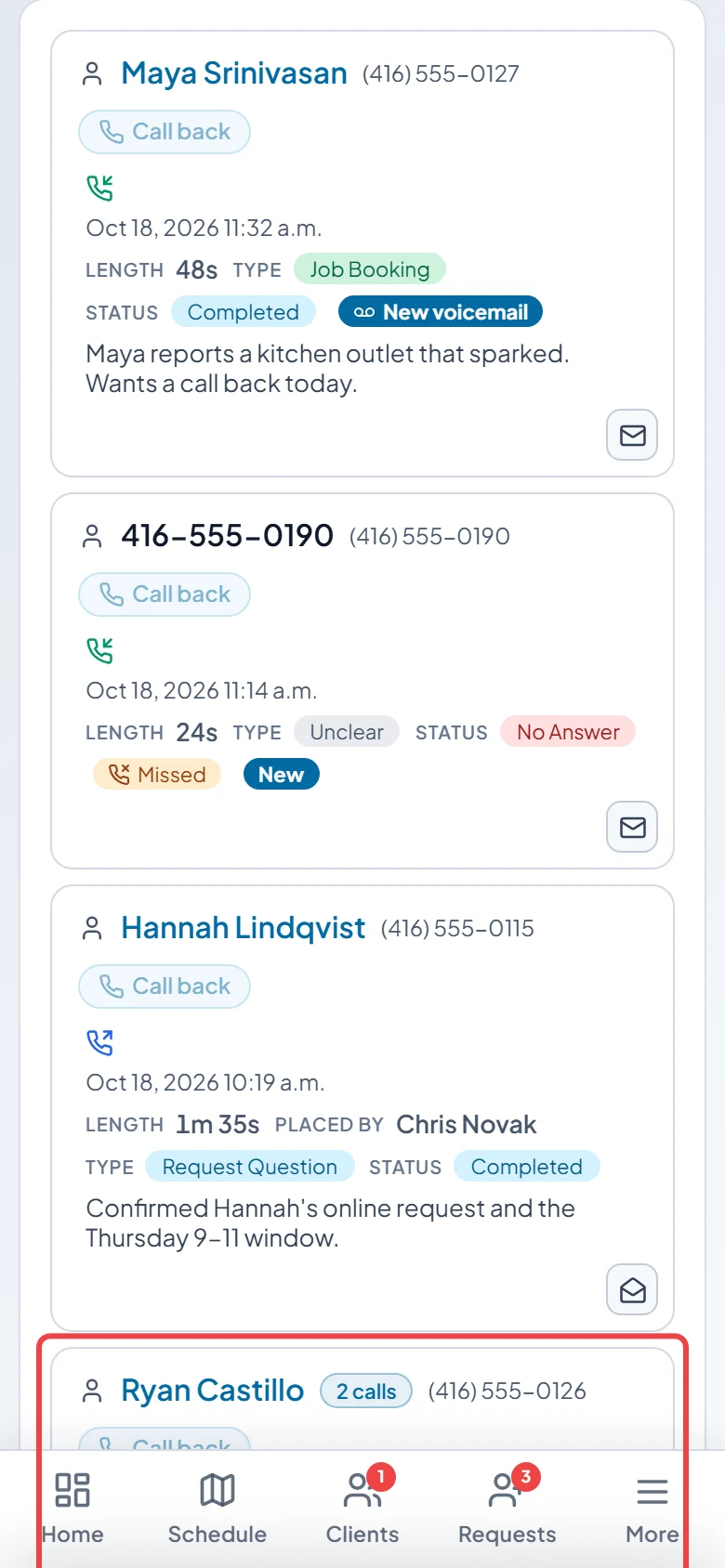 The Calls page on a phone listing recent calls