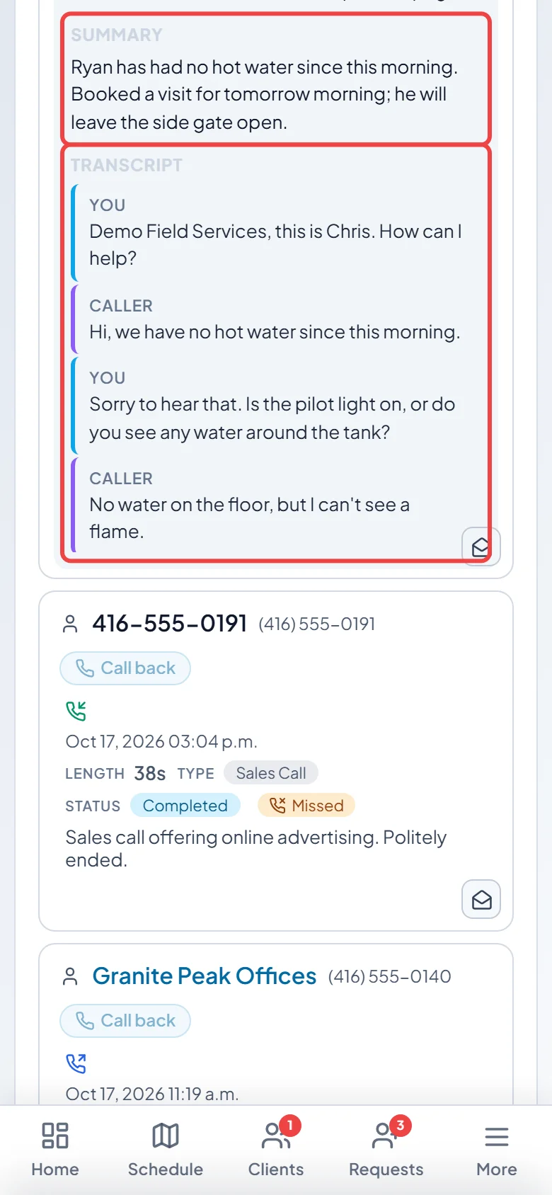 A call opened on a phone showing its summary and transcript