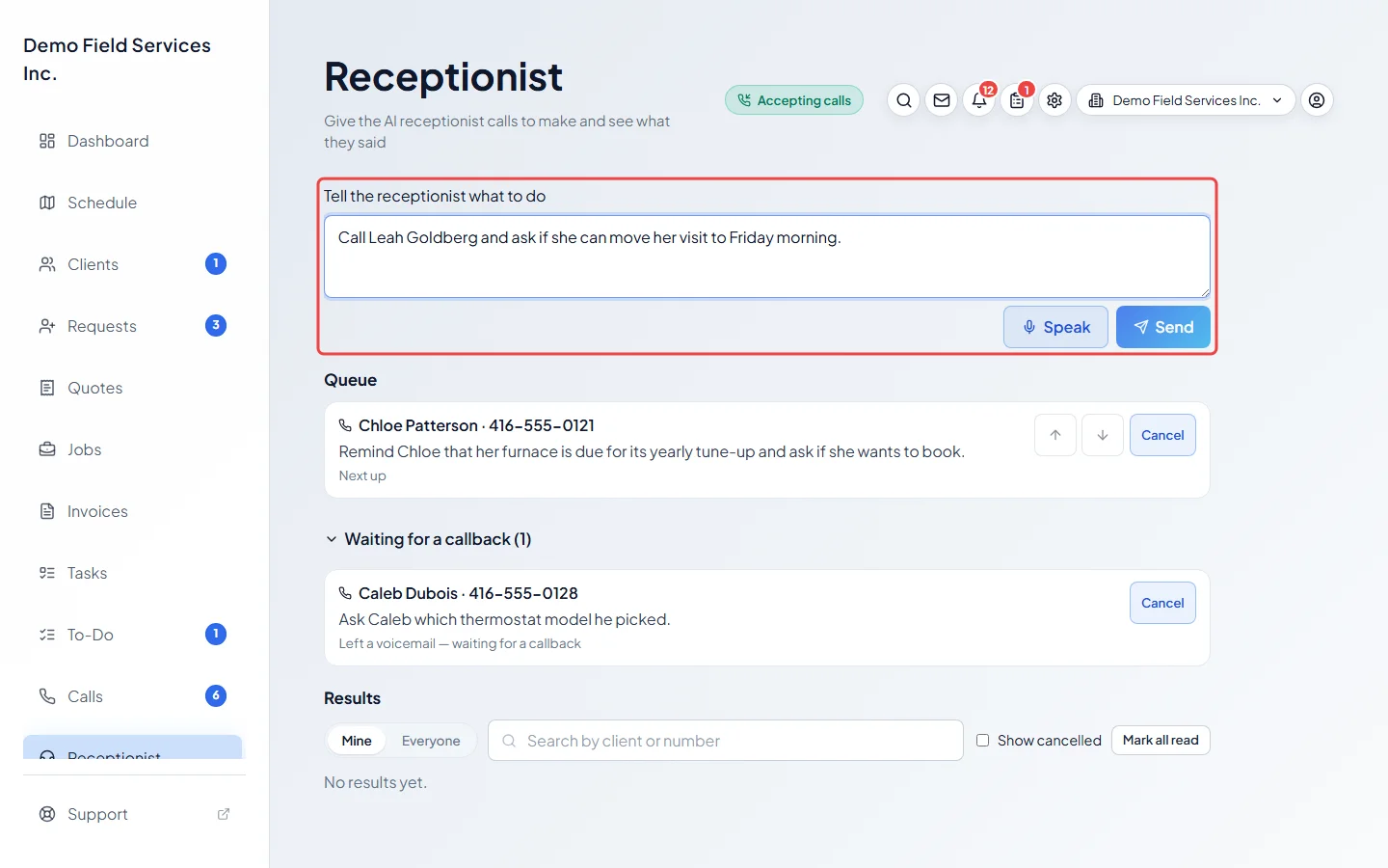 The Receptionist page with an instruction typed in the box