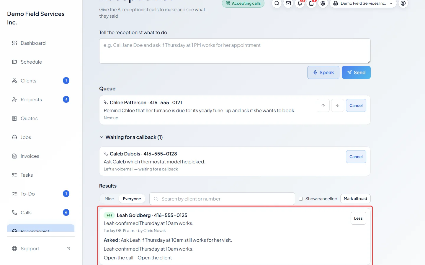 A result opened to show what was asked and links to the call and client