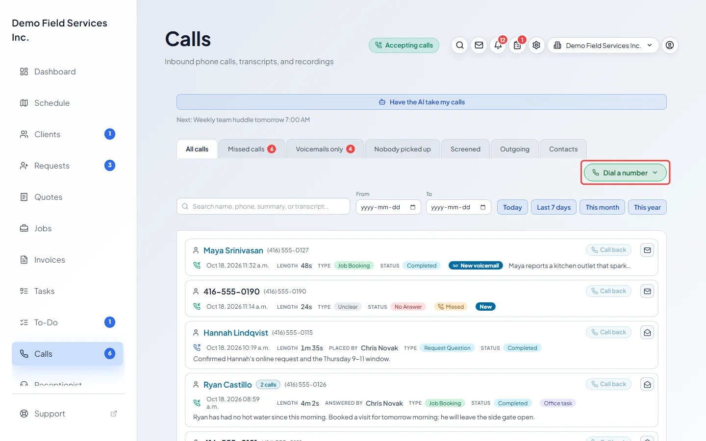 The Dial a number button on the Calls page
