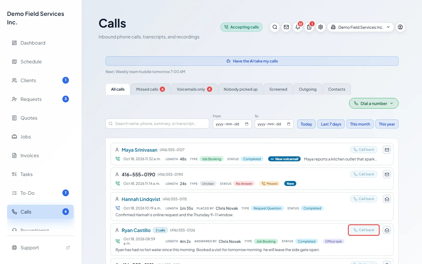 The Call back button next to a caller on the Calls page