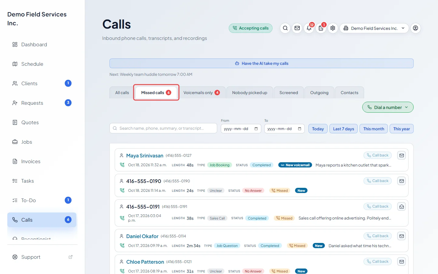 The Missed calls tab on the Calls page