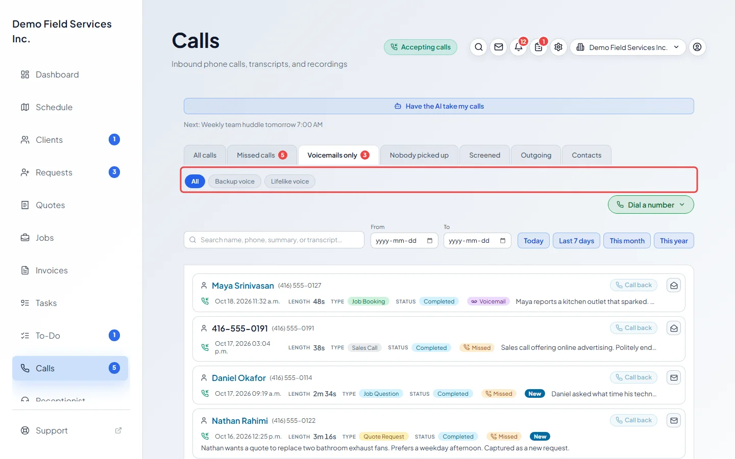 The All, Backup voice and Lifelike voice choices on the voicemails tab