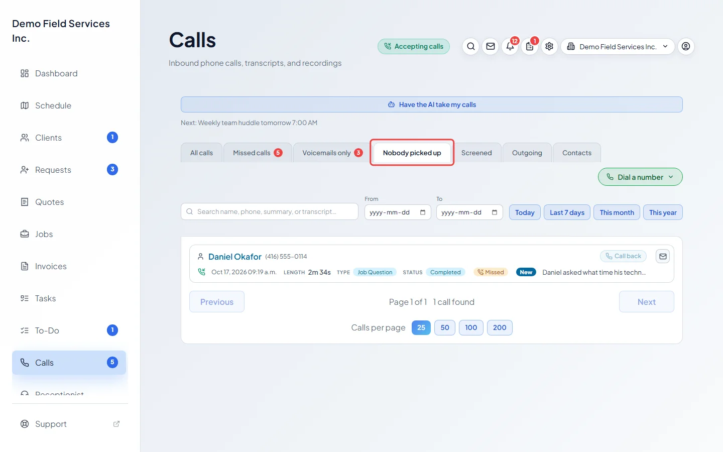The Nobody picked up tab showing a call the AI answered
