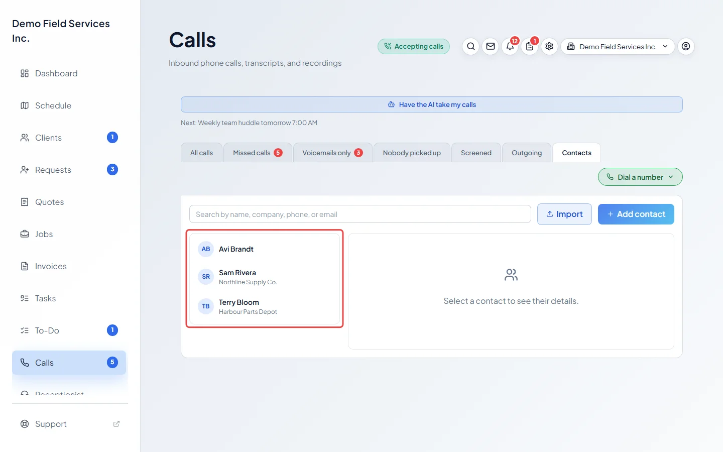 The Contacts tab listing saved phone contacts