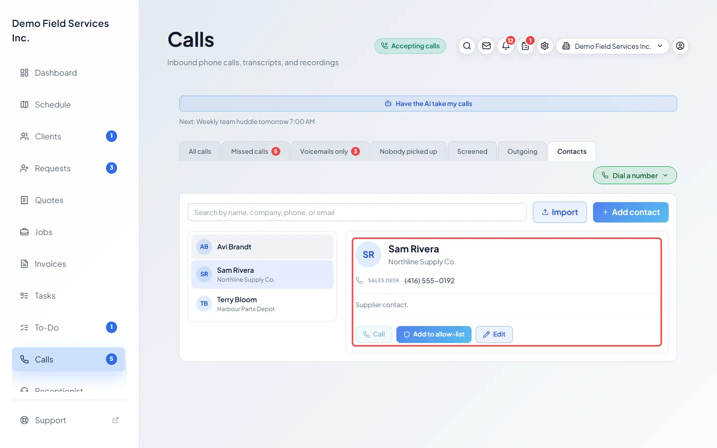 A contact's details with the Call, allow-list and Edit buttons