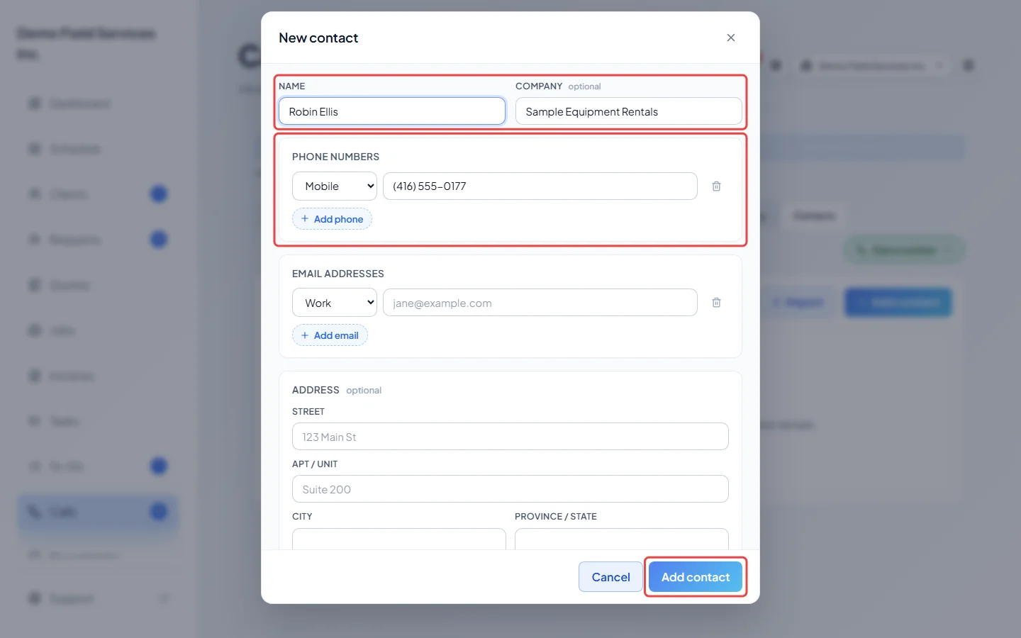 The new contact form filled in