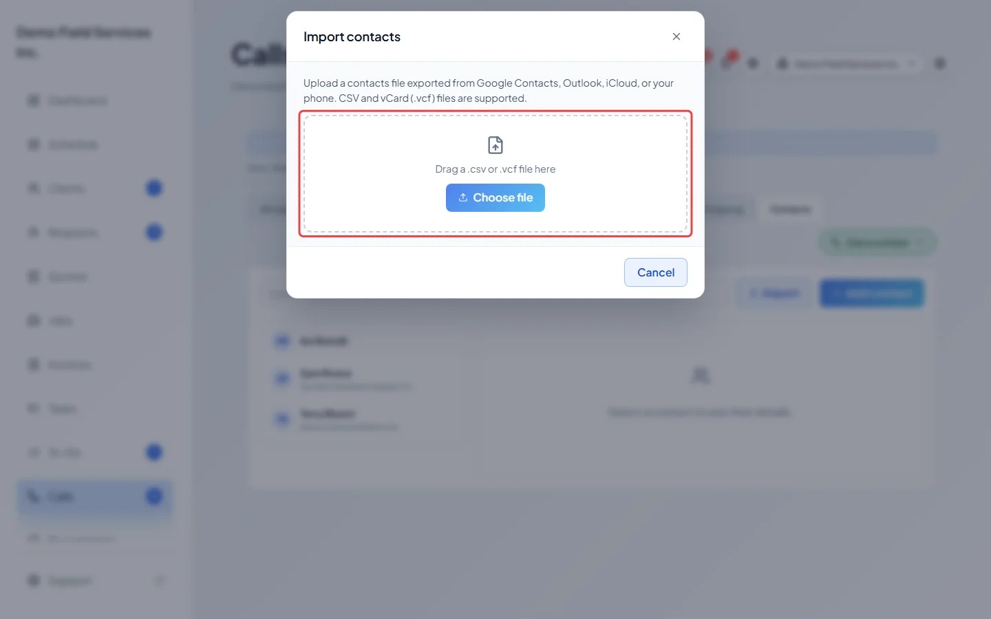 The Import contacts window waiting for a file