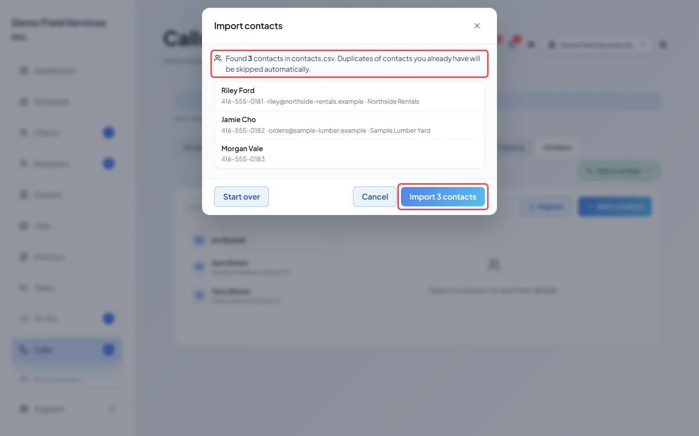The import preview listing the contacts found in a file