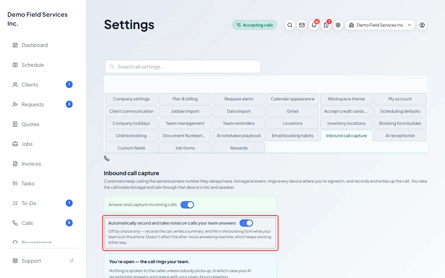 The switch for recording and taking notes on calls your team answers