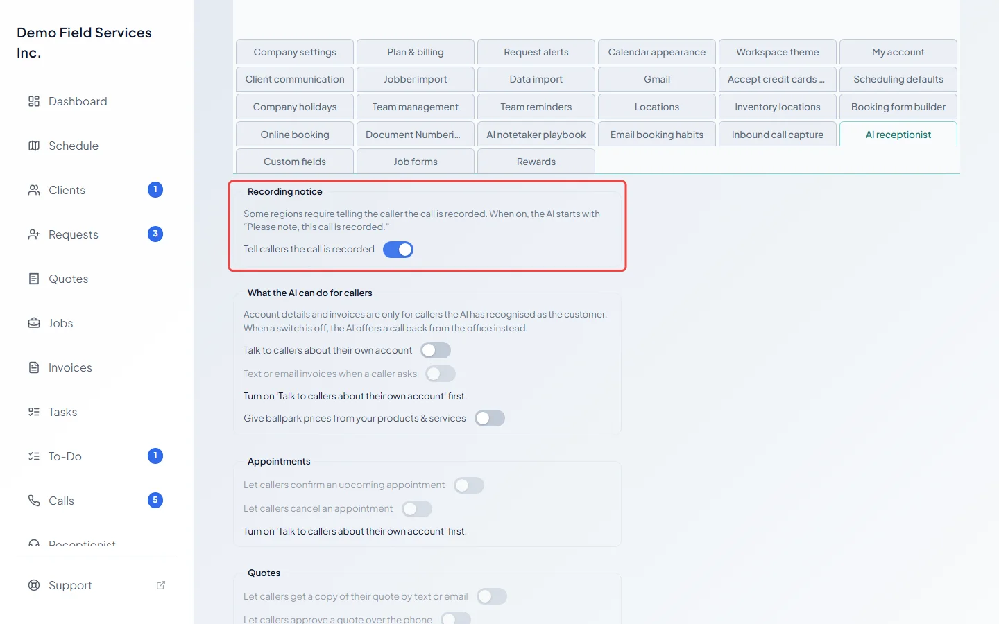 The Recording notice switch on the AI receptionist settings
