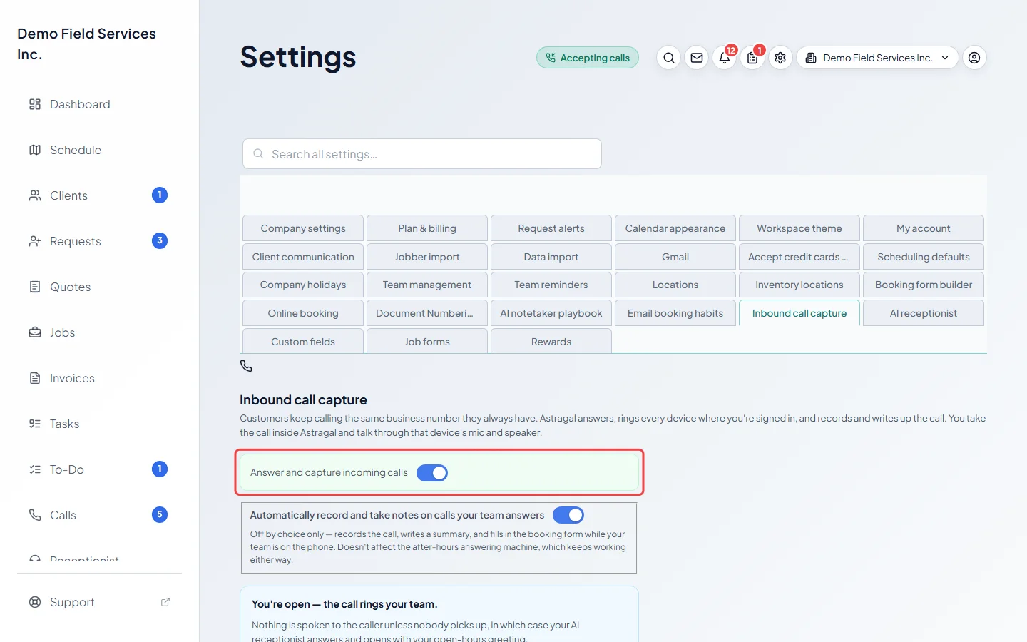 The Answer and capture incoming calls switch at the top of Inbound call capture