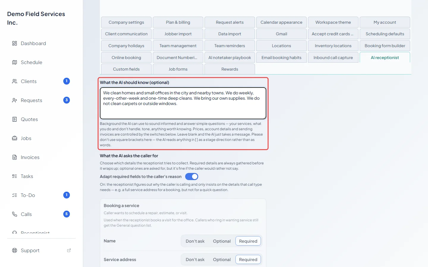 The What the AI should know box filled in with a description of the business