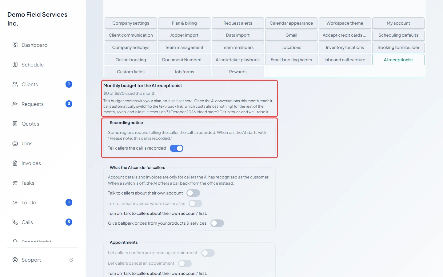 The Recording notice switch and the monthly budget
