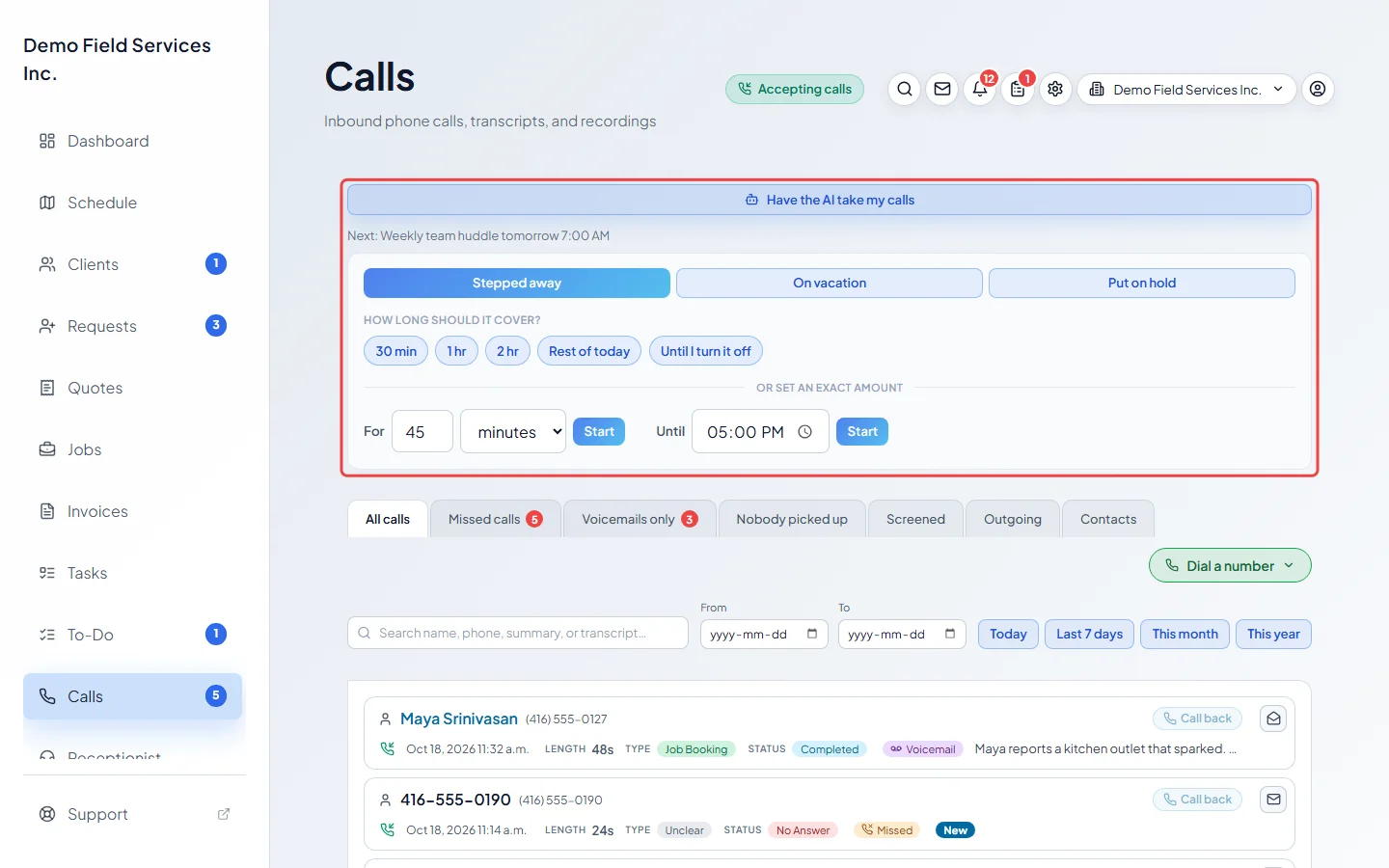 The Have the AI take my calls panel opened on the Calls page
