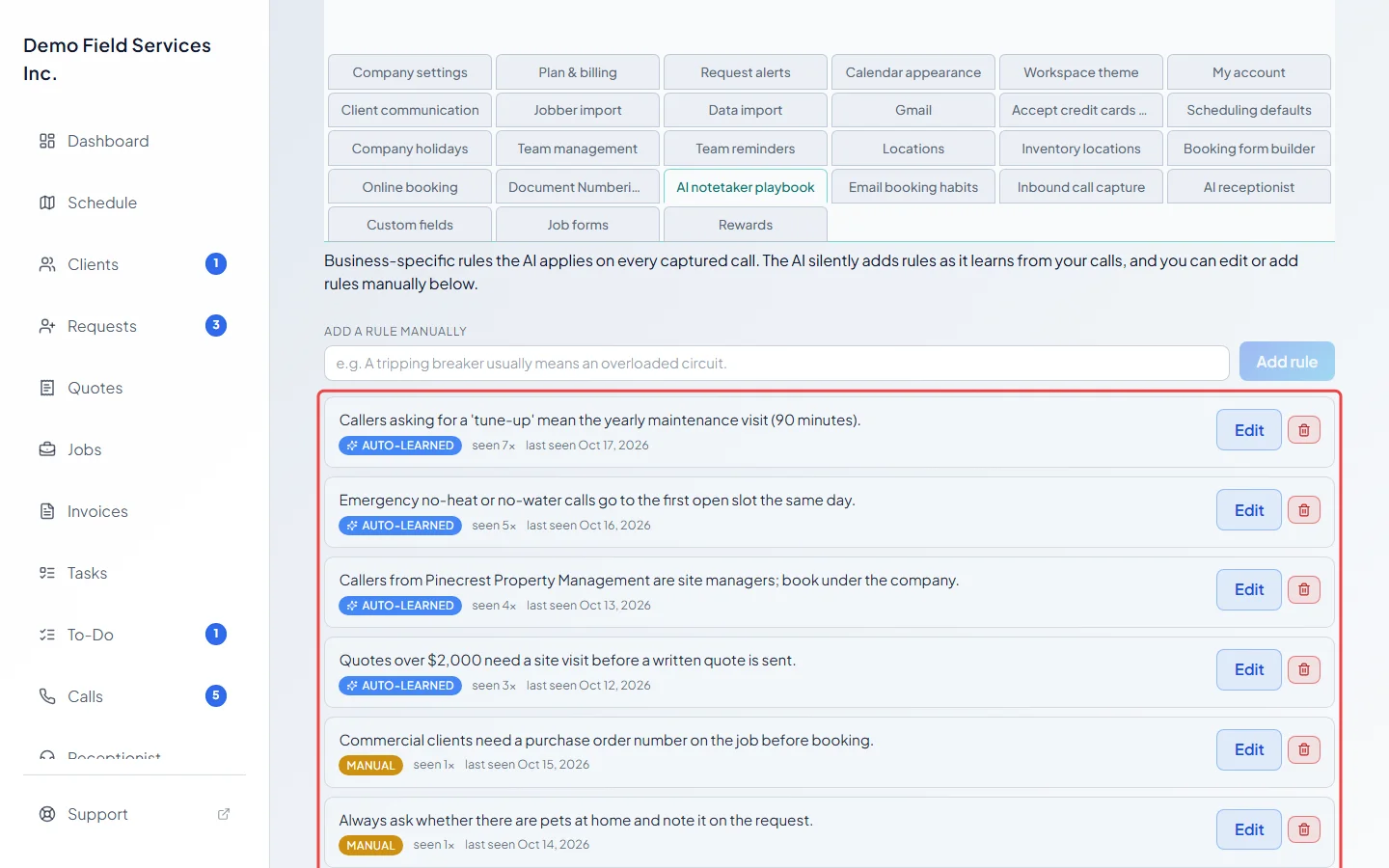 The AI notetaker playbook listing auto-learned and manual rules