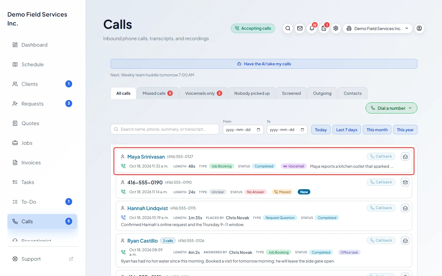 The Calls page listing incoming and outgoing calls