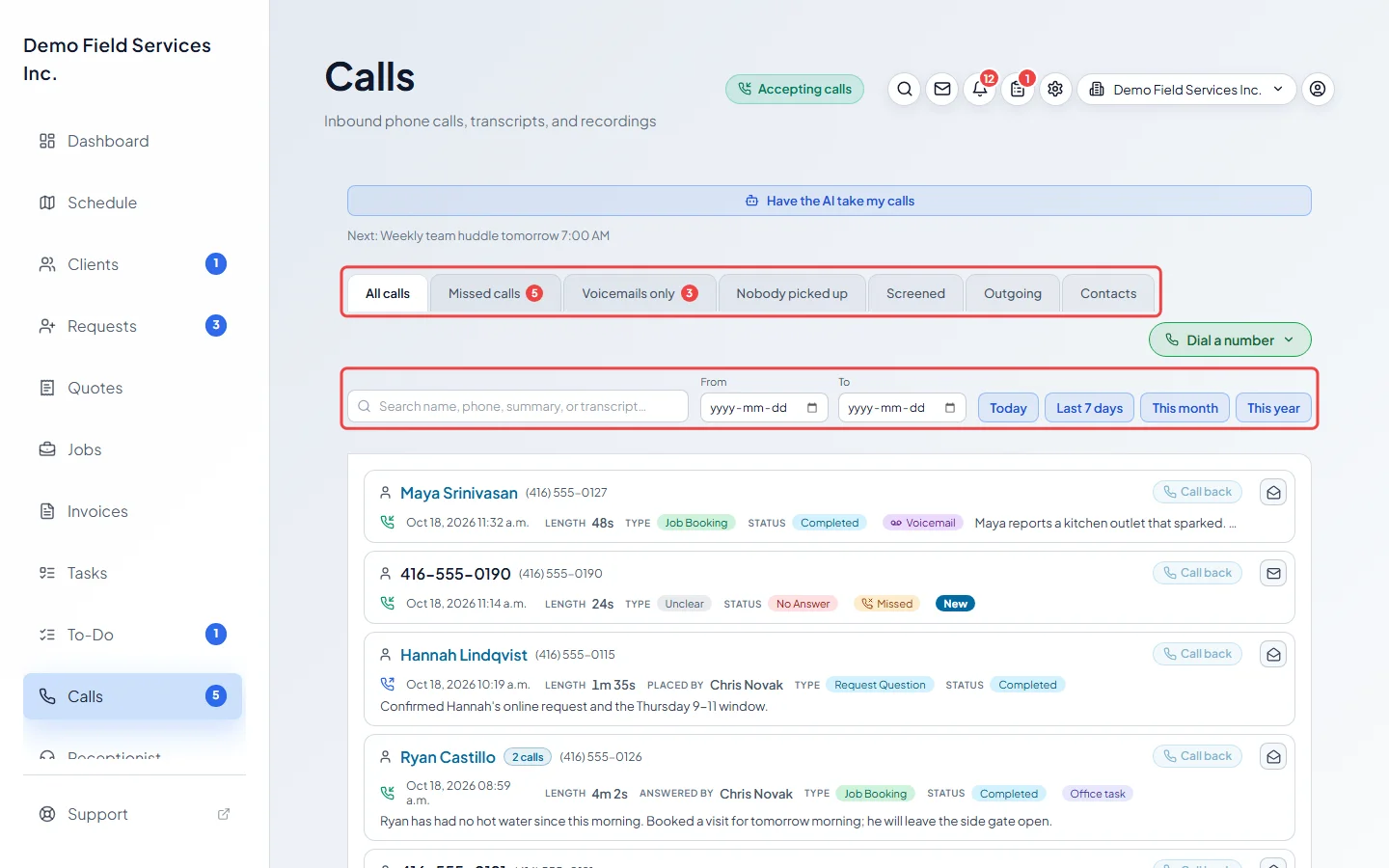 The search box, date range and quick date buttons above the call list