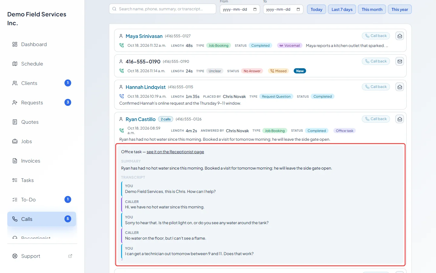 An answered call opened to show its summary and transcript