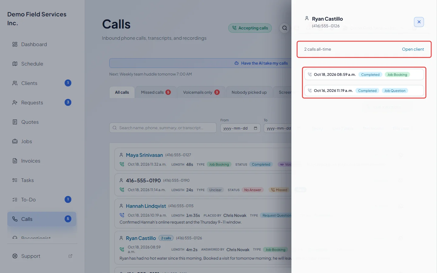 The side panel listing every call from one phone number