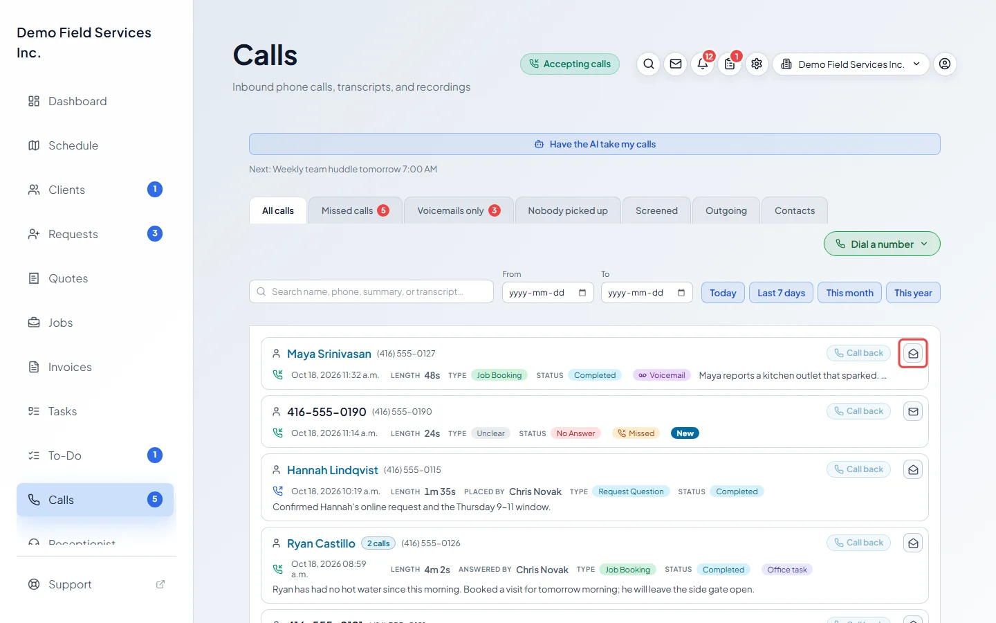 The mark as seen button at the end of a call row