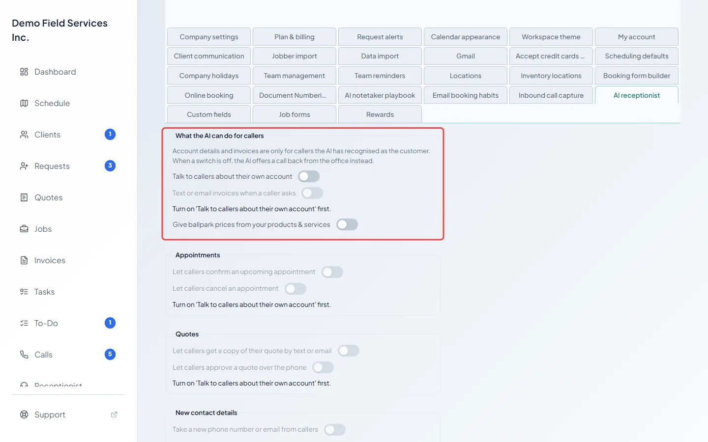 The account, invoice and price switches under What the AI can do for callers