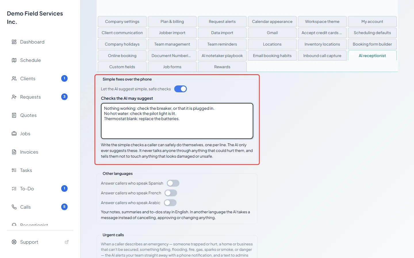 The simple fixes switch with the list of checks the AI may suggest