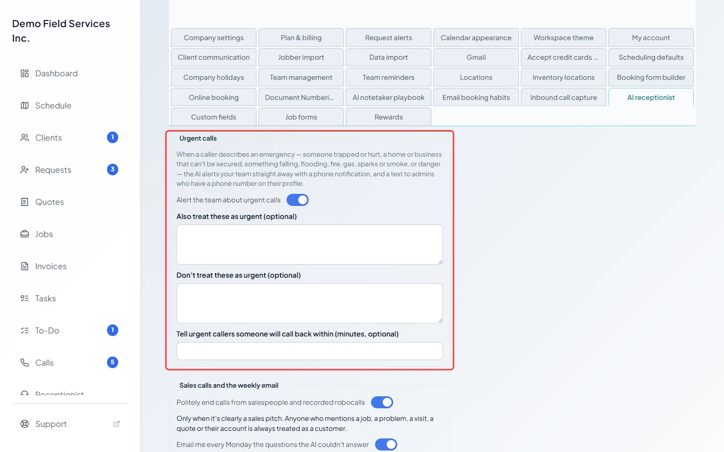 The Urgent calls settings