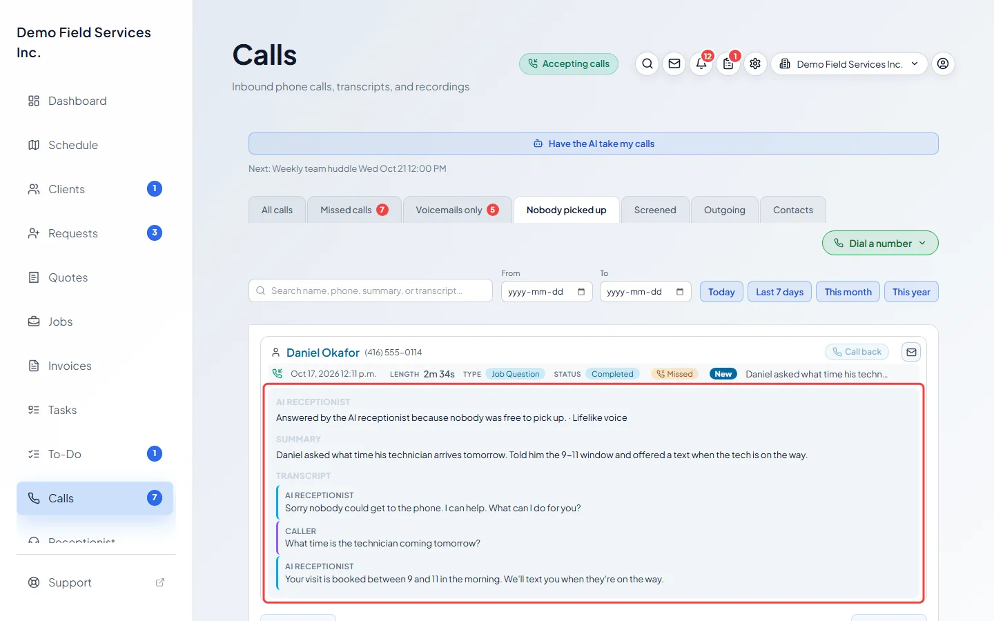 A call the AI took when nobody picked up, opened on the Calls page