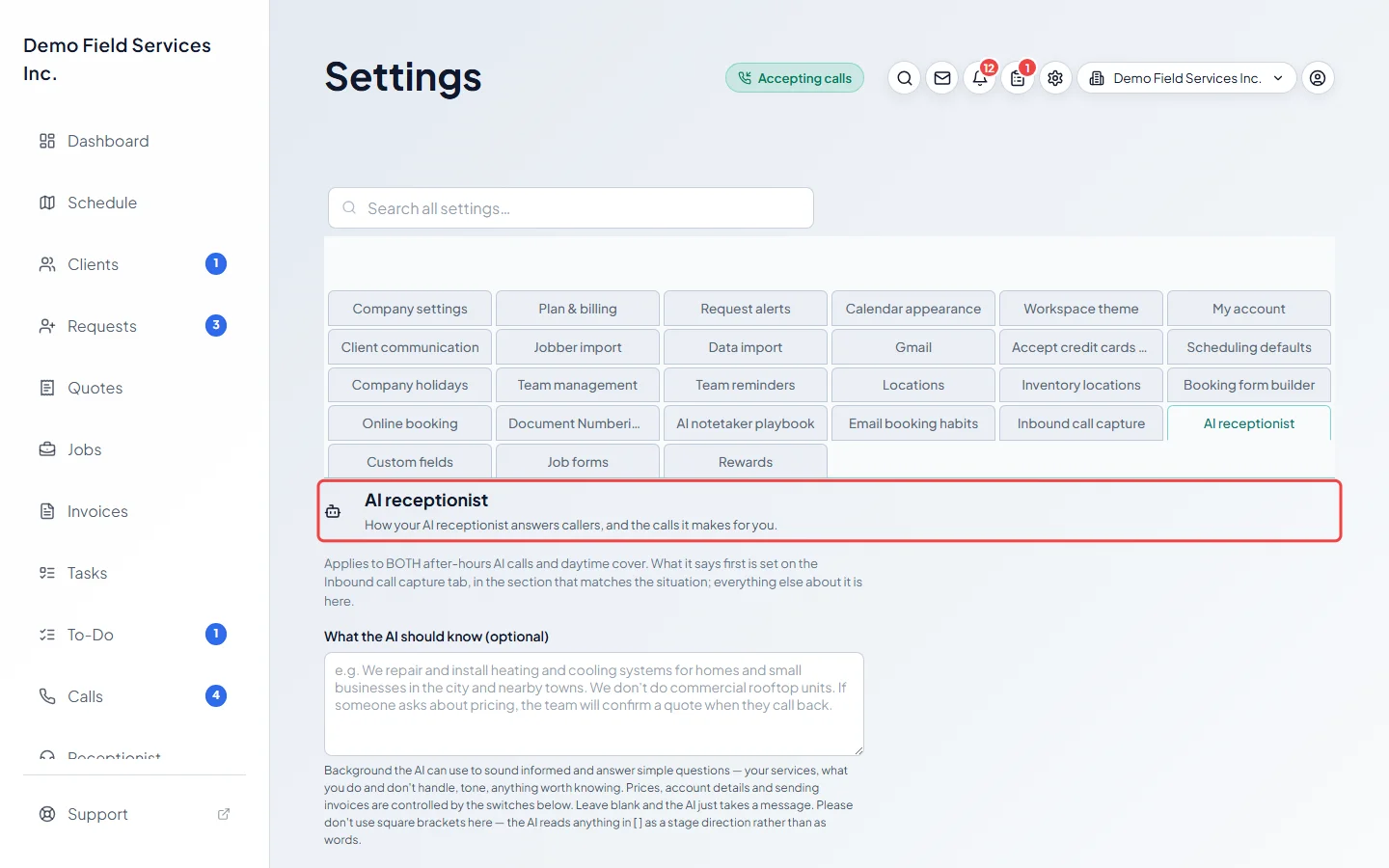 The AI receptionist settings page